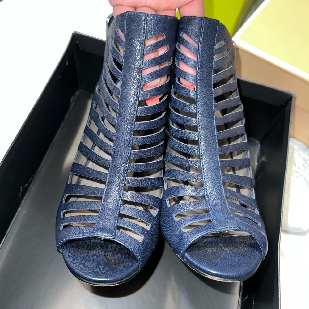 Vince Camuto navy open toe booties worn once size 6